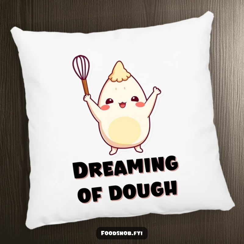 Funny burrito pillow with a cheerful character triumphantly raising a tiny whisk, perfect for adding humor to any seating area.