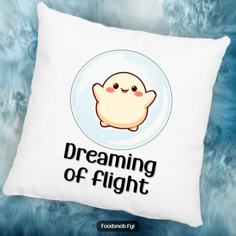 Funny pillow featuring a smiling dumpling character floating blissfully on a large bubble, adding a touch of whimsical comfort to any room.