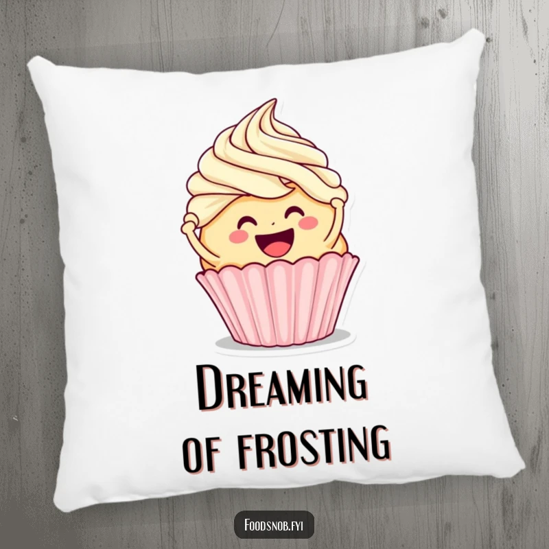 Funny pillow featuring a smiling cupcake character frosting a larger cupcake, offering comfort and a sweet, humorous baking accent.