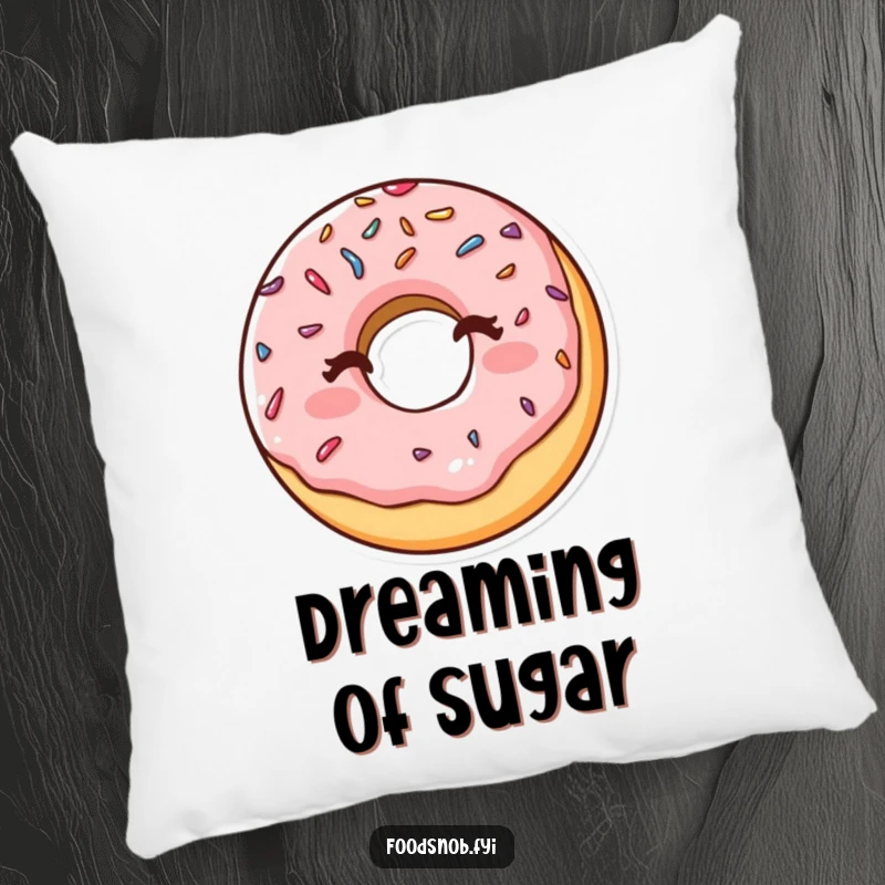 Funny pillow showcasing a happy donut with sprinkles winking cheekily, adding a comfortable and humorous touch to any seating area.