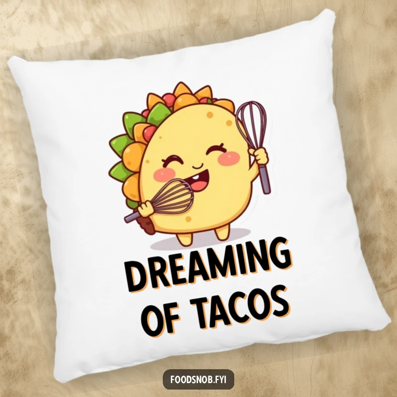 Funny decorative pillow, a smiling taco character winking while holding a tiny whisk, soft and comfortable.