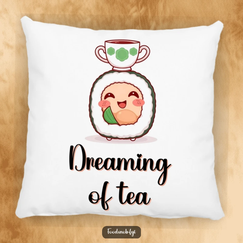 Funny pillow with a smiling sushi roll character happily balancing a tiny teacup on its head, perfect for decor.