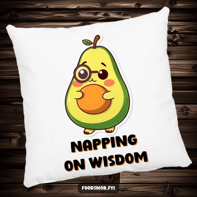 Funny decorative pillow, a plump avocado character wearing a small monocle, looking thoughtful, soft cushion.