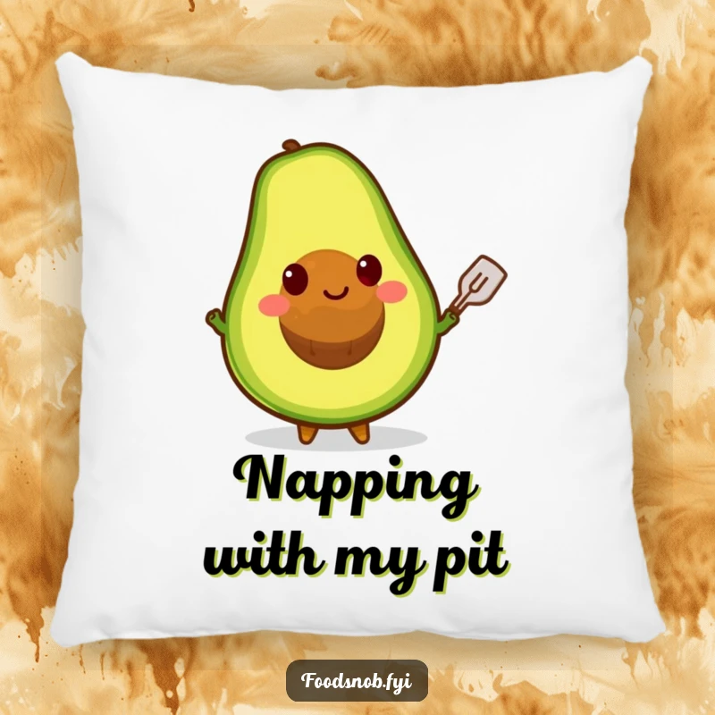 Funny pillow depicting a smiling avocado character balancing its pit on a tiny spatula, adding whimsical comfort.