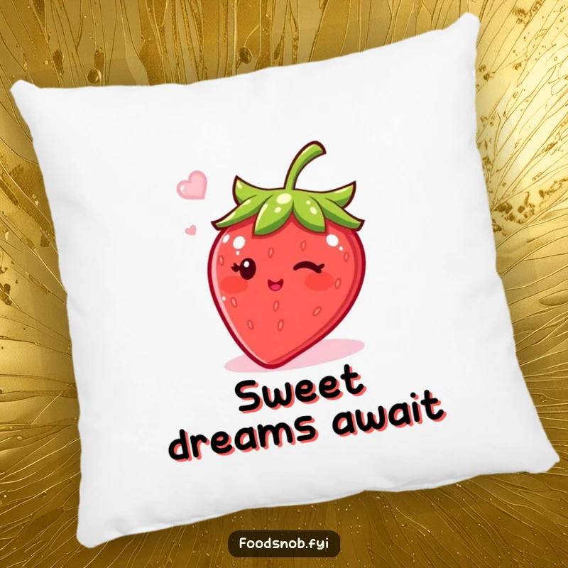 Funny accent pillow with a bubbly strawberry character winking and a sprinkle of sugar, providing comfort and humor.
