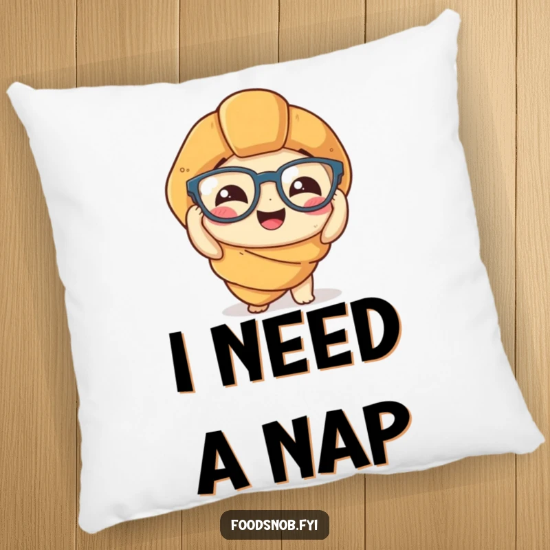 Funny Pillow: A soft, comfortable cushion featuring a charming croissant character hilariously trying to put on small spectacles, adding humor.