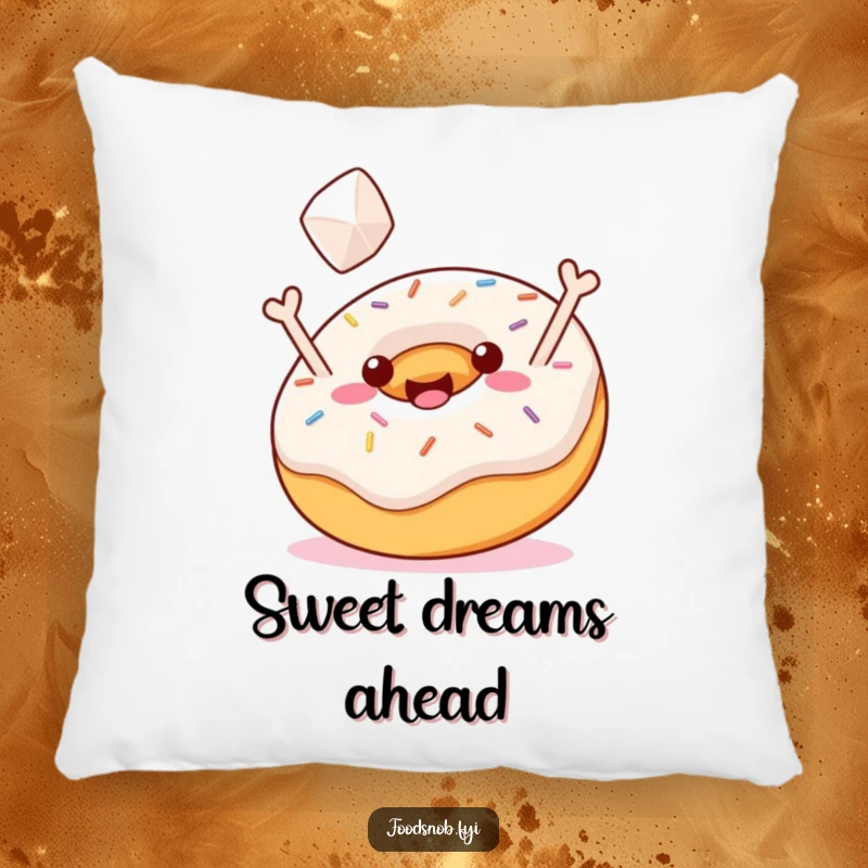 Funny Pillow: A jubilant donut with sprinkles tossing a tiny sugar cube, offering sweet comfort and humorous delight, perfect for a funny gift.