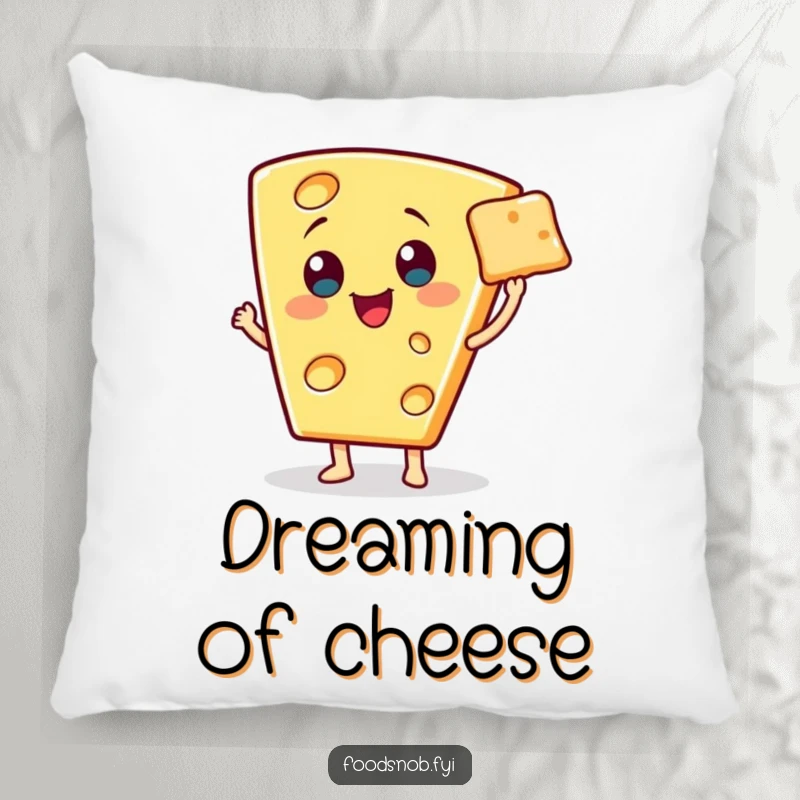 Funny pillow featuring a cheerful cheese wedge character presenting a miniature cracker with a flourish, perfect for cozy, gourmet decor.
