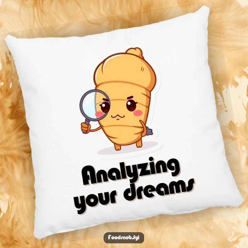 Funny croissant pillow with a haughty croissant, pursed lips, holding a tiny magnifying glass, chic and humorous comfort gift.