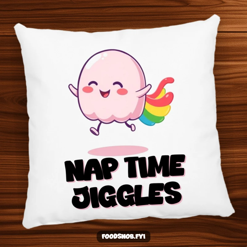 Funny jelly pillow featuring a wobbly character bouncing with joy, creating a playful and colorful accent.