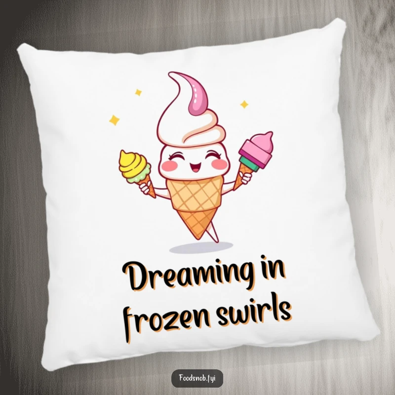 Funny giggling ice cream cone character juggling colorful cones on this soft and humorous decorative pillow.