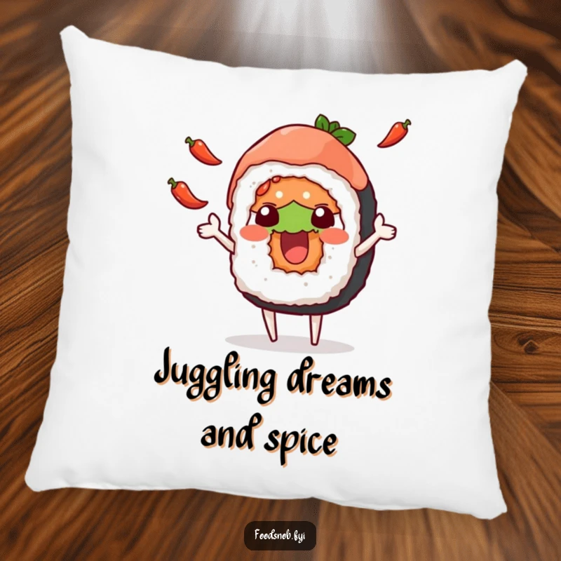 Funny pillow featuring a smiling sushi roll character juggling tiny chili peppers, providing comfort and a dash of spicy humor.
