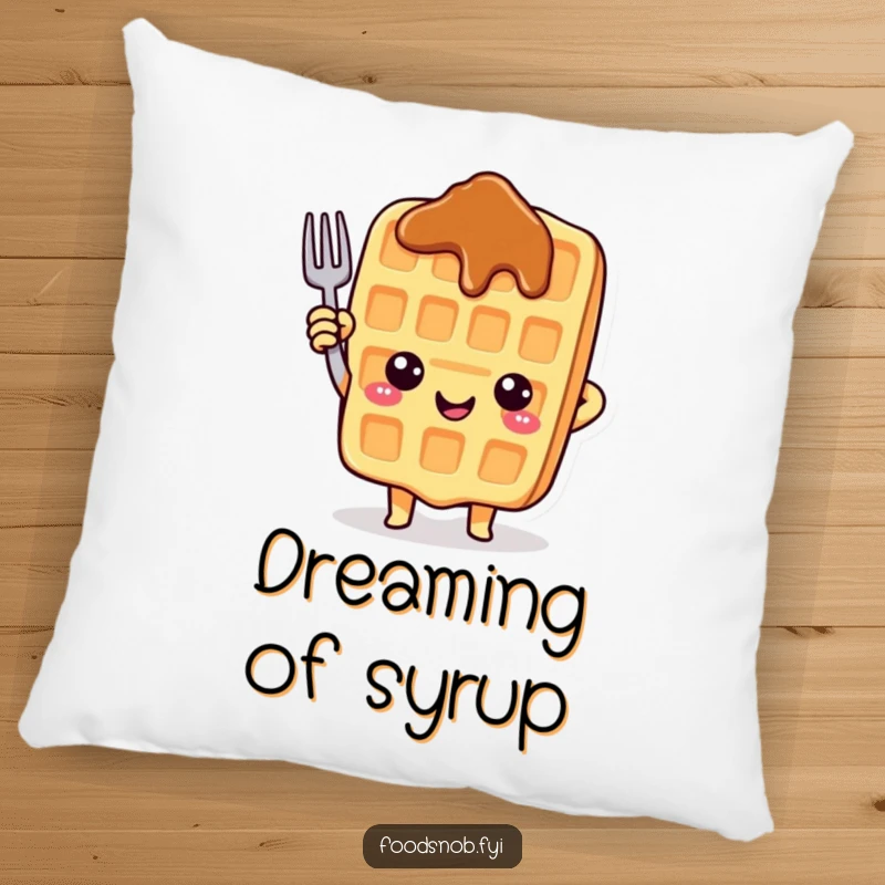 Funny pillow featuring a happy waffle character pointing upwards with a fork, radiating warmth and cheerful vibes.
