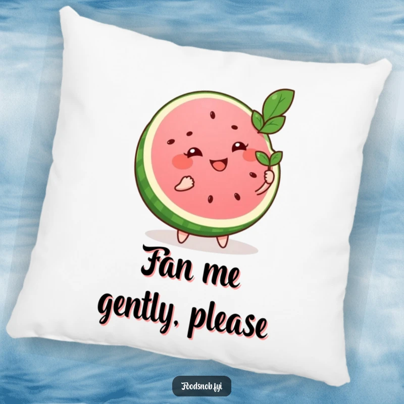 Funny pillow with a smiling watermelon slice character fanning itself with a tiny leaf, adding a humorous and comfortable touch to any room.