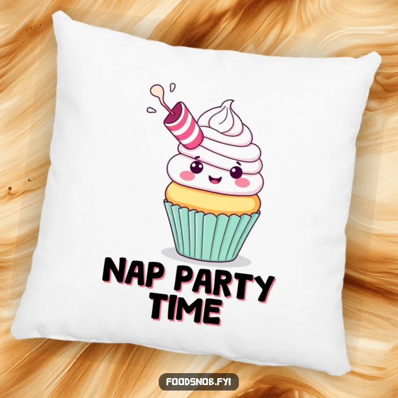 Funny Pillow: A cheerful cupcake with a party blower exhaling frosting, offering cozy comfort and festive humor, perfect for a funny gift.