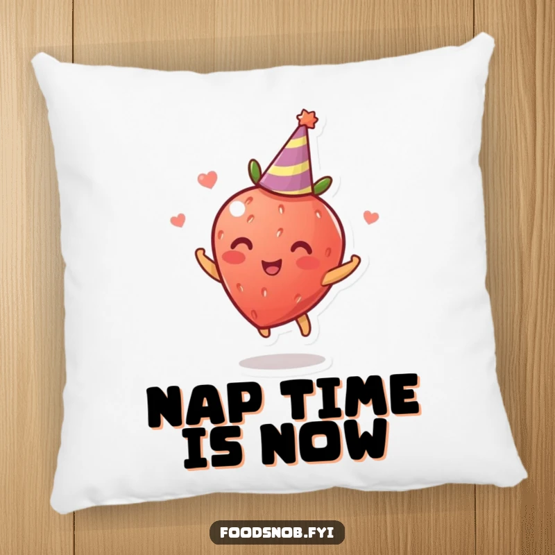 Funny Pillow: A comfortable pillow adorned with a delighted strawberry spinning joyfully and wearing a small party hat, perfect for festive decor.