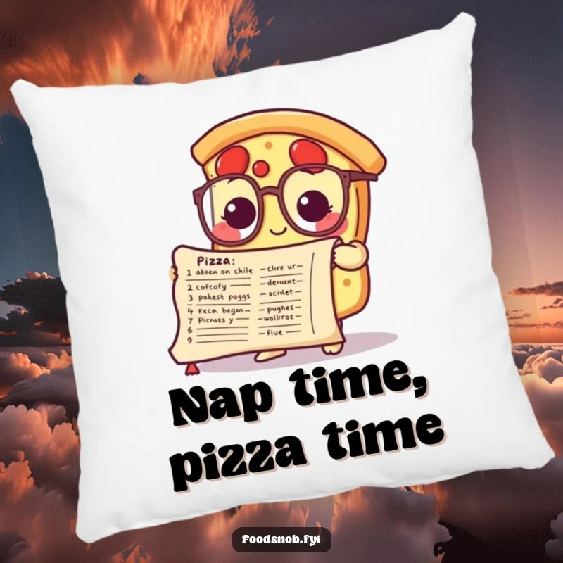 Funny pillow featuring a cute pizza slice character in small glasses, studying a recipe scroll, perfect for cozy, smart decor.