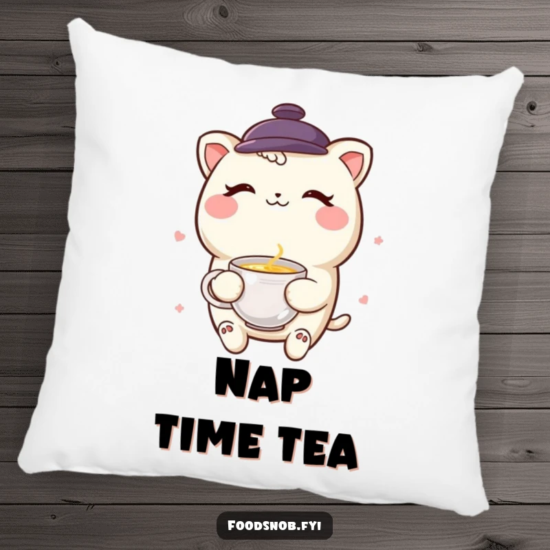 Funny smiling boba tea character winking with a tiny teacup, featured on a soft, decorative pillow.