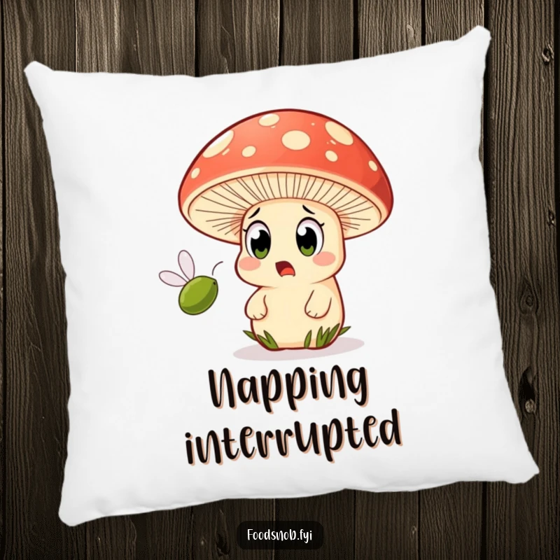 Funny pillow featuring a mushroom character with huge, surprised eyes watching a tiny olive fly past.