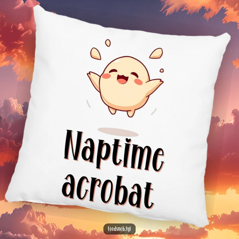 Funny throw pillow showcasing a happy dumpling character tossed playfully in the air, offering comfort and a touch of silliness.