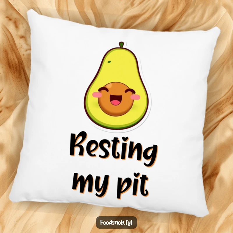 Funny pillow featuring a smiling avocado character, its pit as a face, splitting open with infectious, joyful glee.