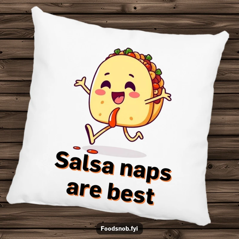 Funny pillow featuring a happy taco character skipping with salsa, offering comfort and a cheerful, edible accent to any room.