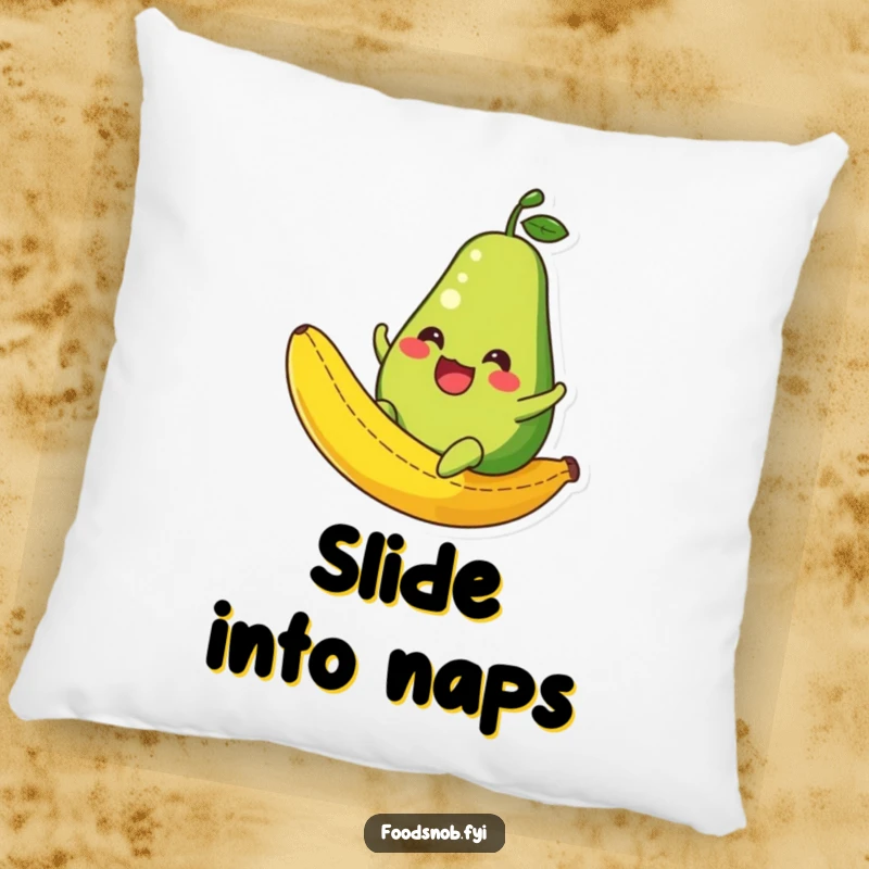 Funny Avocado Pillow: A soft pillow featuring a happy avocado character sliding down a banana peel, bringing playful humor to any room.