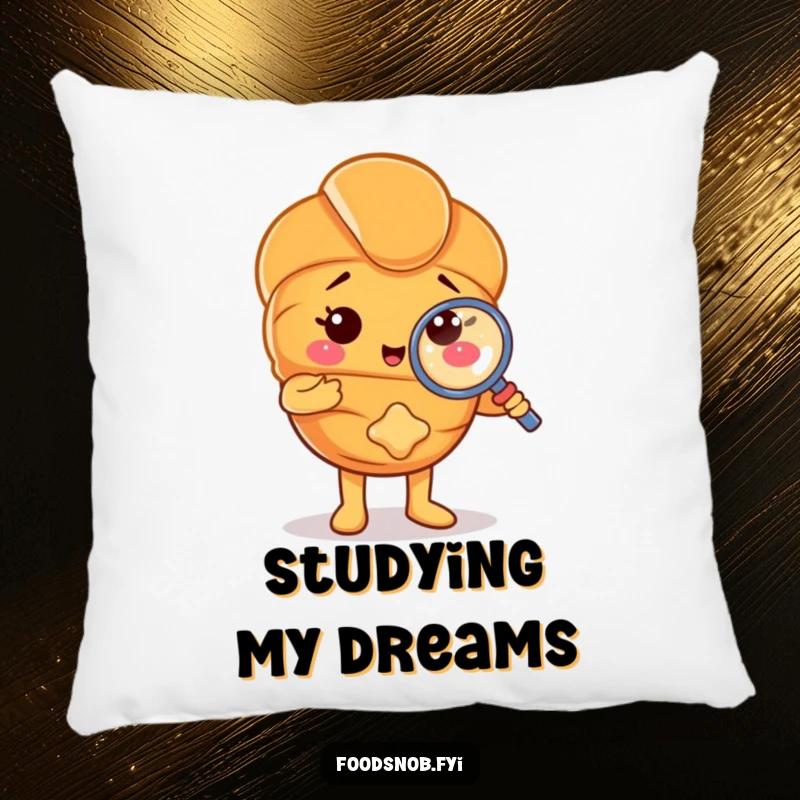 Funny pillow featuring a proud croissant character examining a tiny crumb with a magnifying glass, offering comfort and humor. A cute pastry accent.