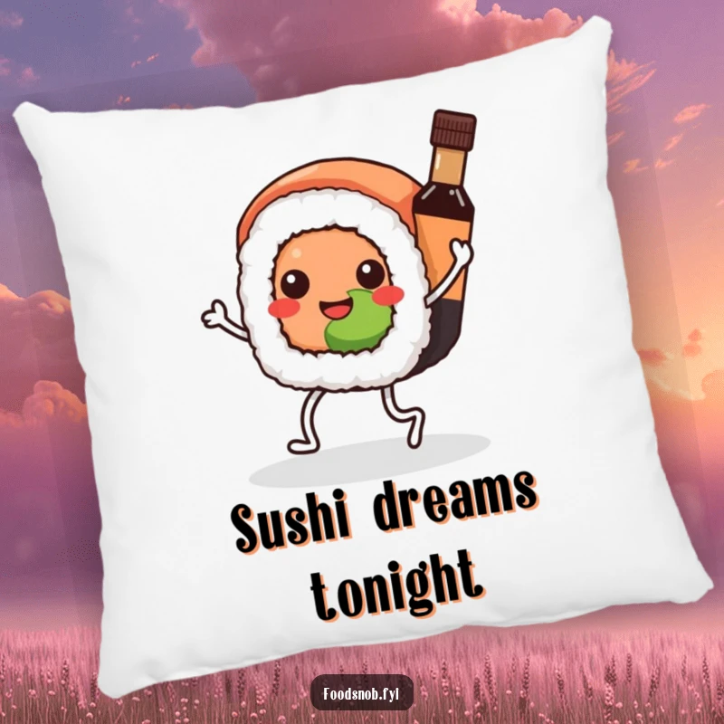 Funny Kawaii sushi pillow, a sushi roll dancing with a soy sauce bottle, offering comfort and a humorous, playful touch.