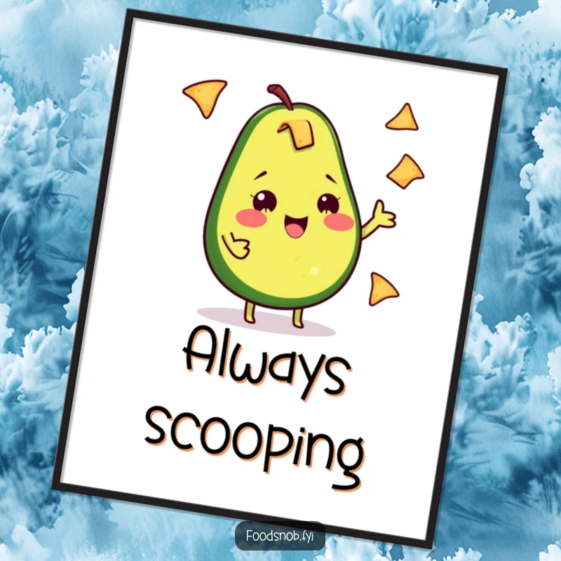 Funny Avocado Digital Art: A vibrant, high-resolution print of a cheeky avocado happily juggling tiny tortilla chips, full of personality.