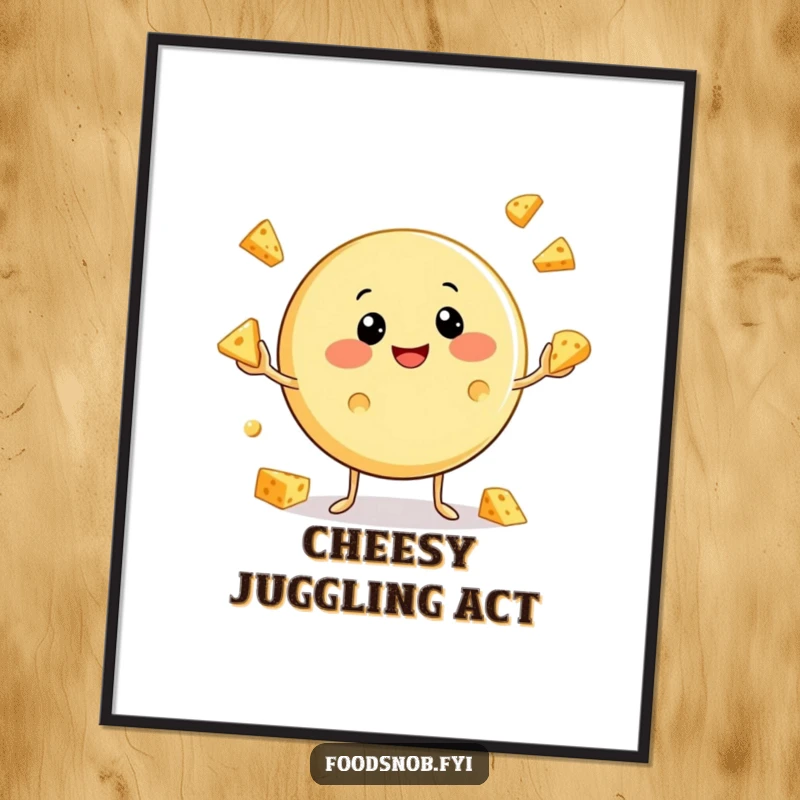 Funny Cheese Digital Art Print: High-resolution art of a smiling cheese character juggling small cheese wedges, whimsical and humorous.