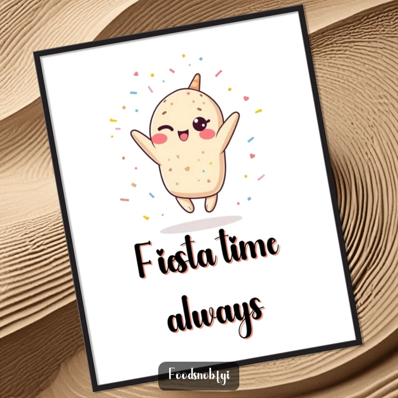 Funny Kawaii burrito digital art print, a winking burrito leaping upwards, showering confetti, offering instant festive humor for home decoration.