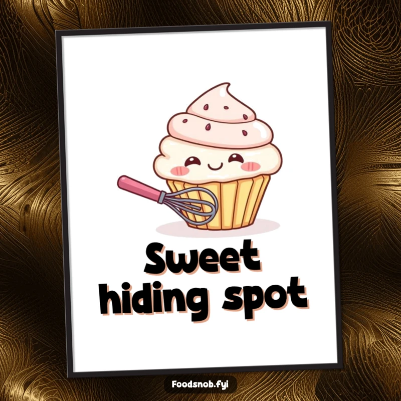 Funny digital art print of a giggling cupcake character playfully hiding behind a whisk, radiating humorous sweetness and playful charm.