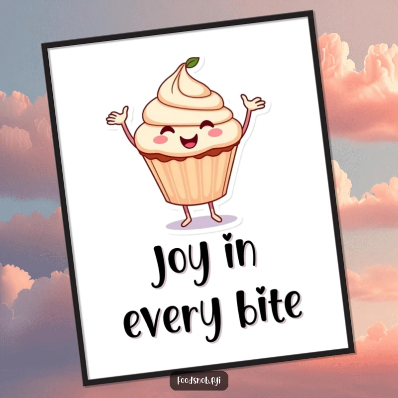 Funny Cupcake Digital Art: A vibrant, high-resolution print of a smiling cupcake dancing with arms, radiating pure happiness.