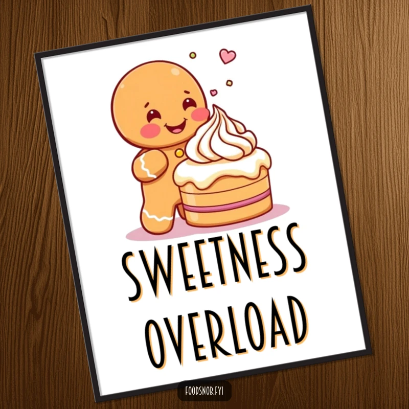 Funny digital art print of a gleeful gingerbread man character sprinkling icing onto a miniature cake, offering instant sweet decor.