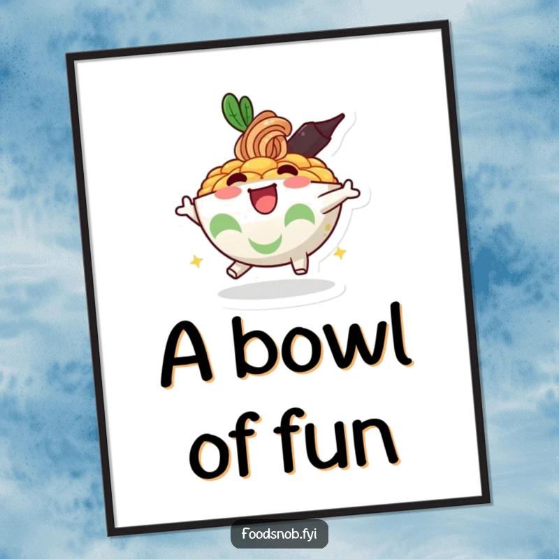 Funny digital art print of a bubbly, enthusiastic ramen bowl character bouncing joyfully, perfect for cheerful decor.