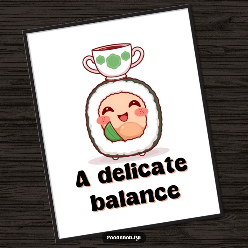 Funny digital art print of a smiling sushi roll character happily balancing a tiny teacup on its head.