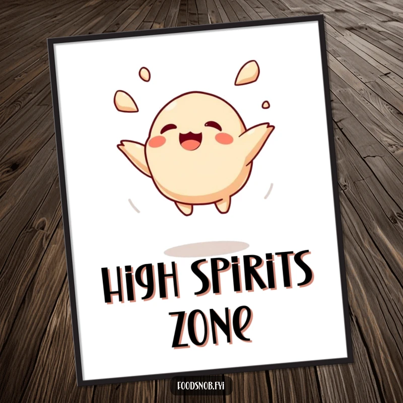 Funny digital art print of a joyful dumpling character gleefully tossed mid-air, creating instant playful decor for any room.