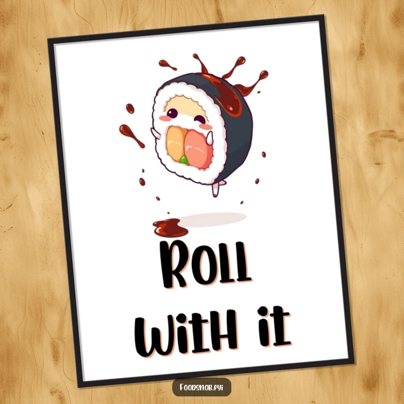Funny Sushi Roll Digital Art Print: A high-resolution image of a sushi roll performing a cartwheel with soy sauce splashing, vibrant and humorous.
