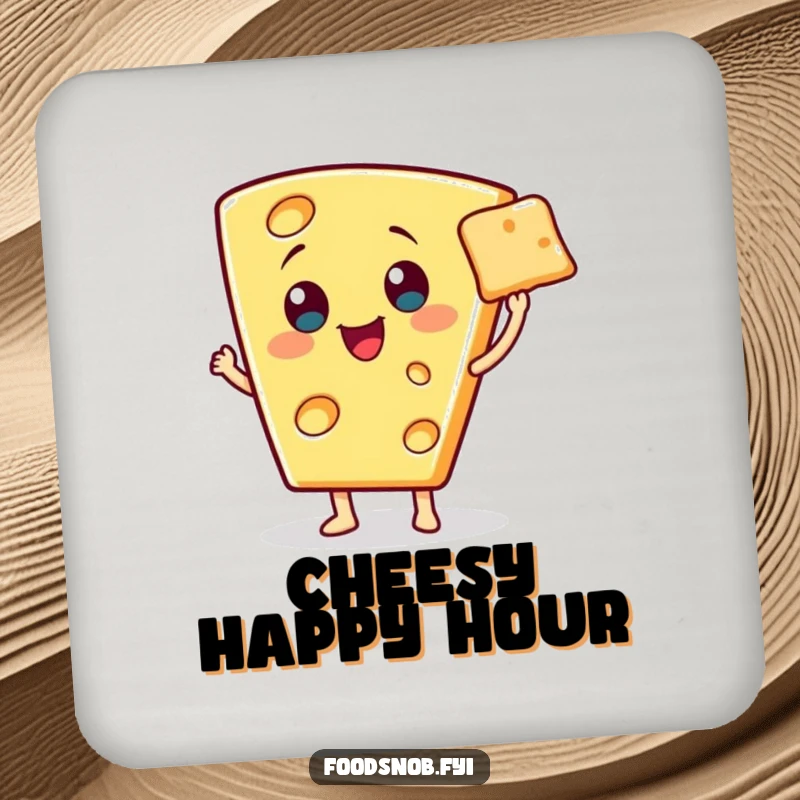 Funny drink coaster featuring a cheerful cheese wedge character presenting a miniature cracker with a flourish, perfect for elegant protection.