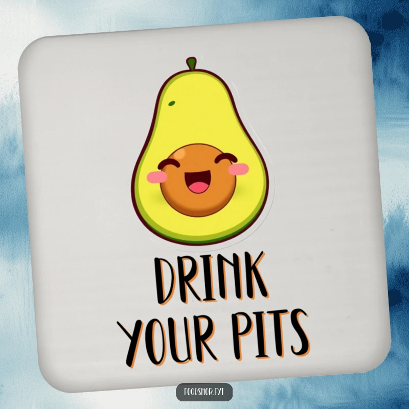 Funny coasters featuring a smiling avocado character, pit as face, splitting open with infectious glee, safeguarding surfaces.