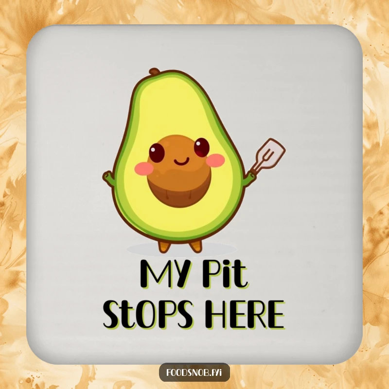 Funny drink coaster featuring a smiling avocado character balancing its pit on a tiny spatula, protecting surfaces with humor.