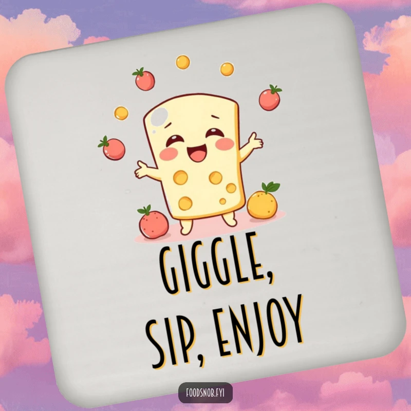 Funny drink coaster, a bubbly cheese character giggling while juggling tiny fruits, protects surfaces.