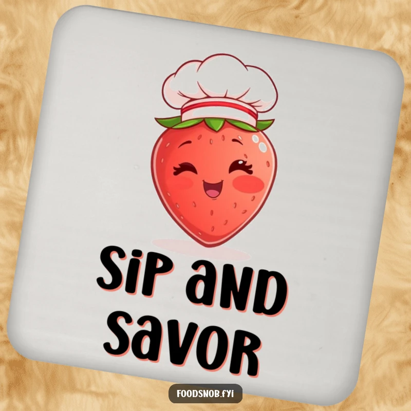 Funny Drink Coaster featuring a cheerful strawberry character winking and wearing a miniature chef hat, adding a humorous touch to table protection.