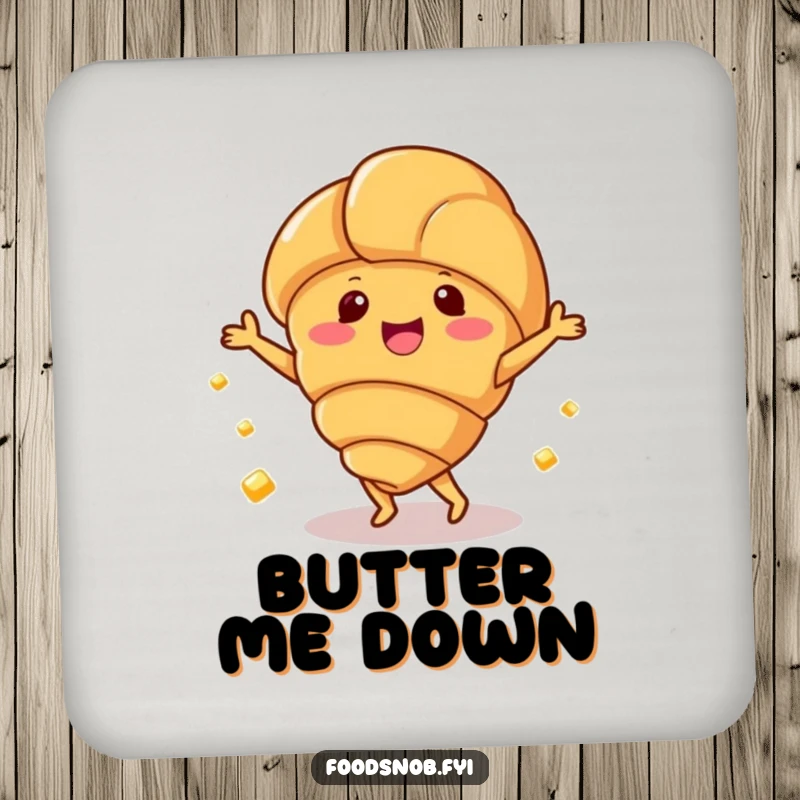 Funny drink coaster with a happy croissant character dancing with small butter pats, for tables.