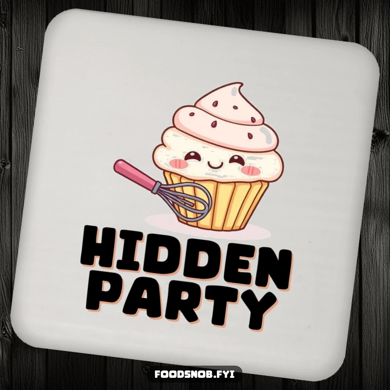 Funny drink coaster featuring a giggling cupcake character hiding behind a tiny whisk, offering humorous protection and a sweet, playful vibe.