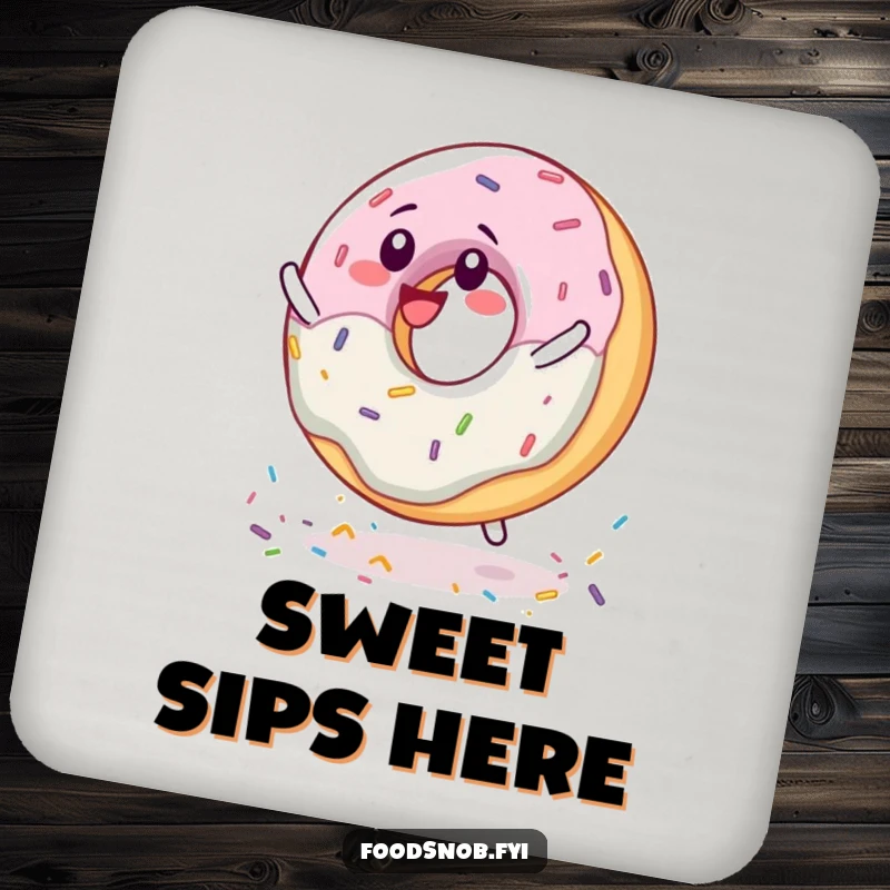 Funny delighted donut character spinning on sprinkles, featured on a set of functional drink coasters.