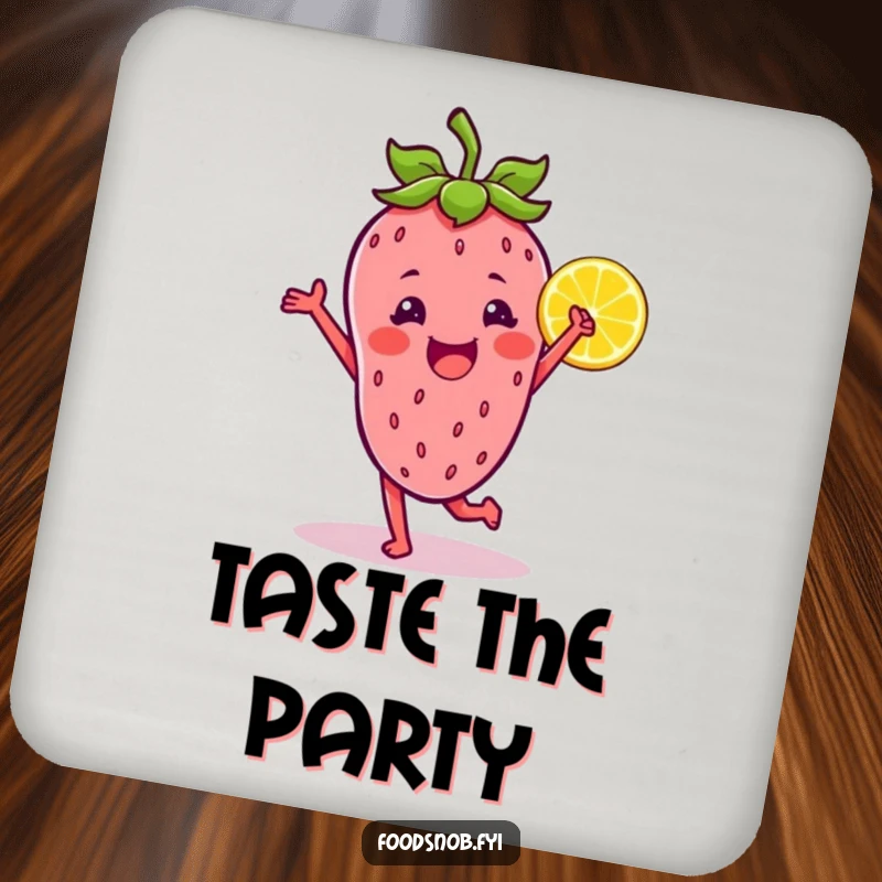 Funny drink coasters featuring a strawberry character dancing with a lemon wedge, adding a zestful and humorous touch to any table.