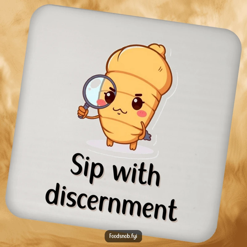 Funny croissant coaster with a haughty croissant, pursed lips, holding a tiny magnifying glass, chic humorous housewarming gift.