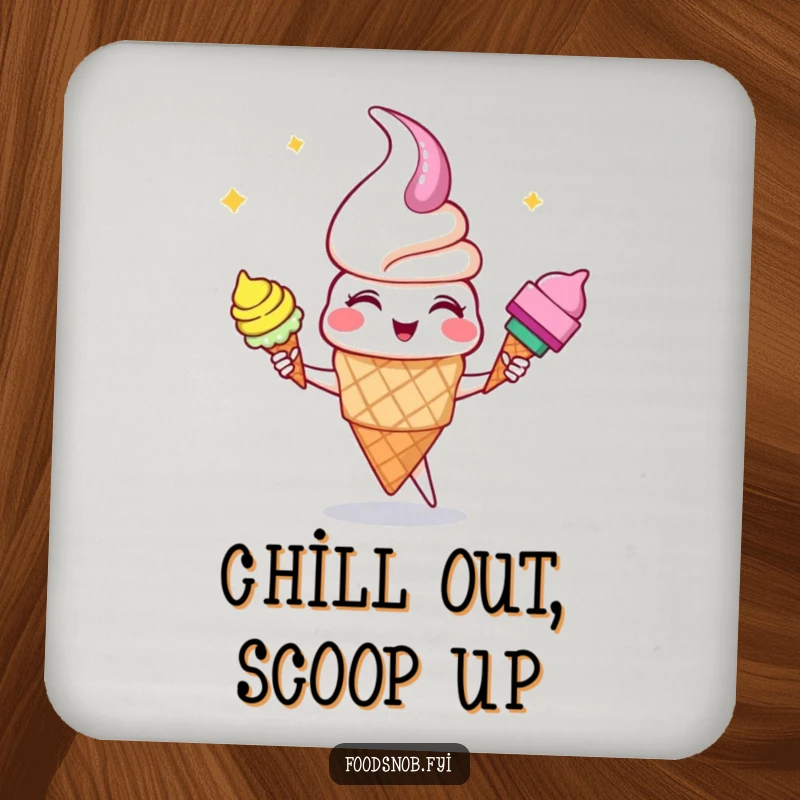 Funny giggling ice cream cone character juggling colorful cones design on this protective and humorous drink coaster.